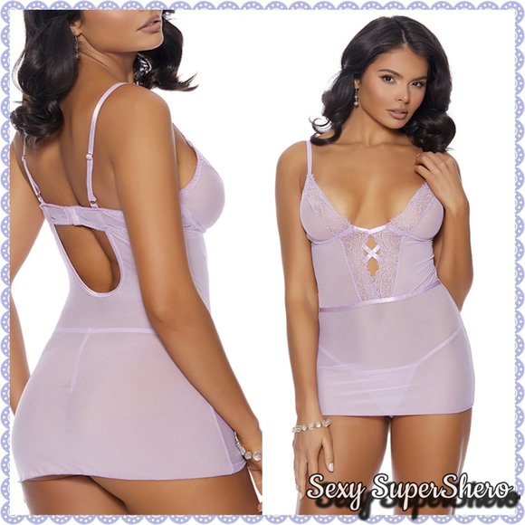 π£BLACK FRIDAY SALEππ"Nala"Lilac Eyelash Lace & Mesh Lace Up Lingerie Babydoll - Picture 1 of 4